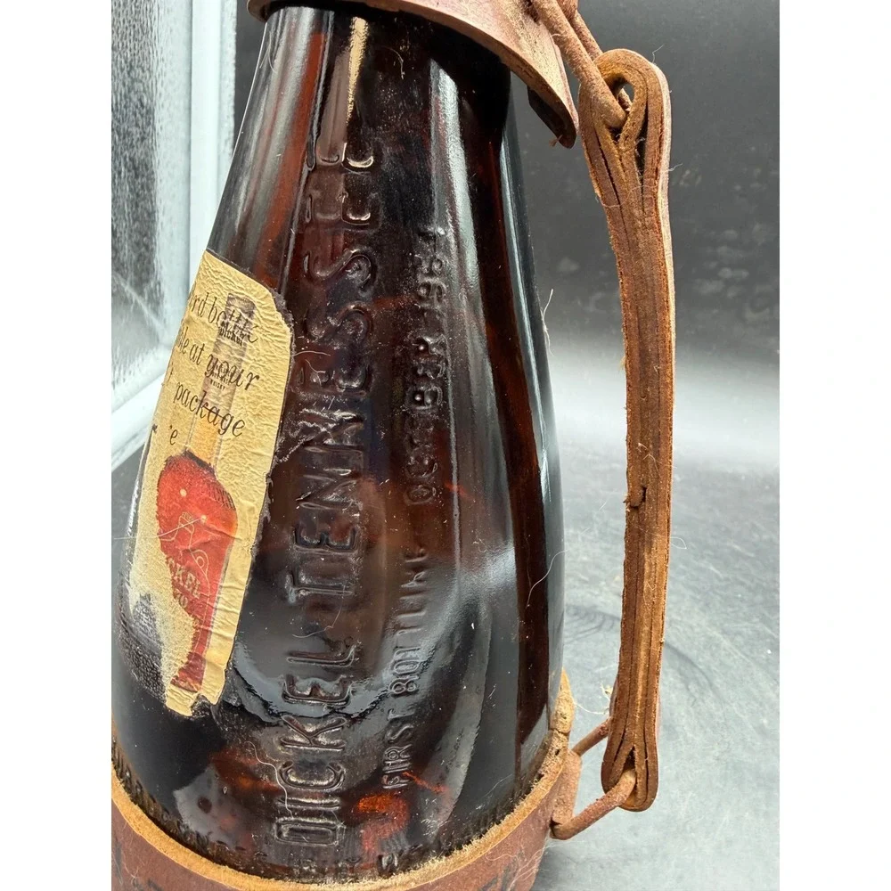 Vintage George Dickel Tennessee Whisky Powder Horn Amber Glass Bottle Leather